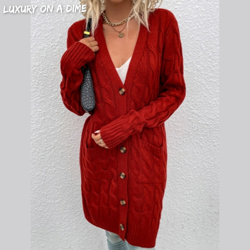 Chunky Cable-Knit Classic Button Front Long Cardigan Patch Pockets Grannycore